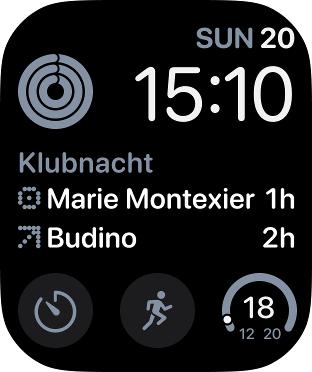 A watch face complication showing the next acts